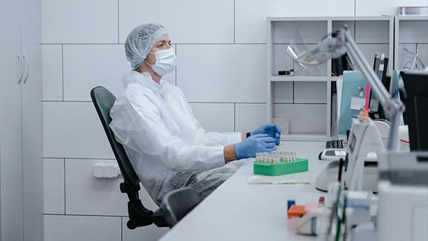 Person sitting in a clean medical environment